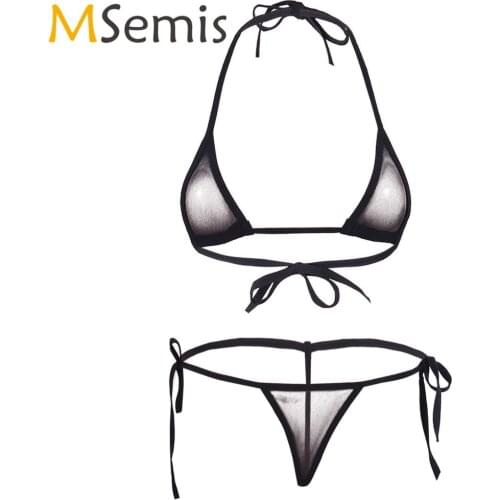 Sexy Womens Lingerie Set Erotic Sheer Mesh Extreme Micro Bikini Underwear Femme Halter Mini Bra Top with G-String Tangas Thong