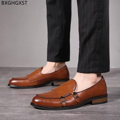 Brown Loafers Shoes Luxury Brand Office Shoes Man 2021 Double Monk Strap Black Men Dress Shoes Leather Mens Chaussure De Homme