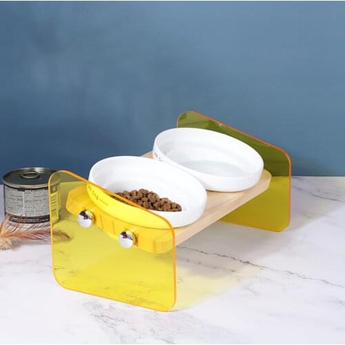 Pet Bowl For Cats and Small Dogs Puppy Cat Dog Food Water Bowl Wooden Stand Feeder Raised Ceramic Dish Pet Products Supplies