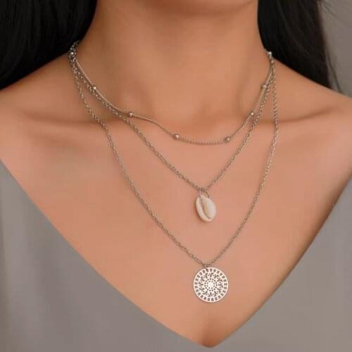 Stainless steel multi-layer coin necklace, shell fossil, personalized satellite chain, fashionable layered collar