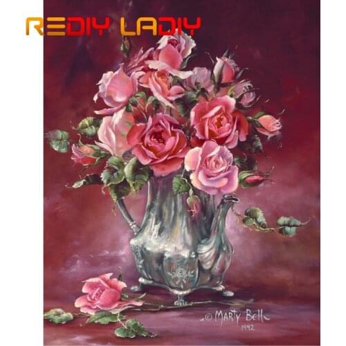 30.6*38.2cm Crystal Beads Embroidery Kits Accurate Printed Rose with Vase Beadwork Crafts Partial Beaded Cross Stitch Needlework
