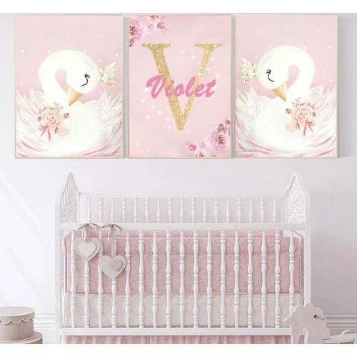Baby Girl Nursery Wall Art Canvas Painting Pink Swan Cartoon Posters Nordic Kids Decoration Pictures Children Bedroom Decor