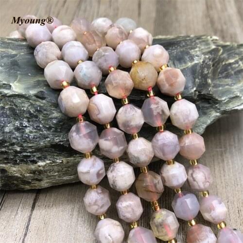 Natural Faceted Pink Cherry Quartz Necklace Beads,Round Agates Column Loose Stone DIY Jewelry Making Accessories Space Beads
