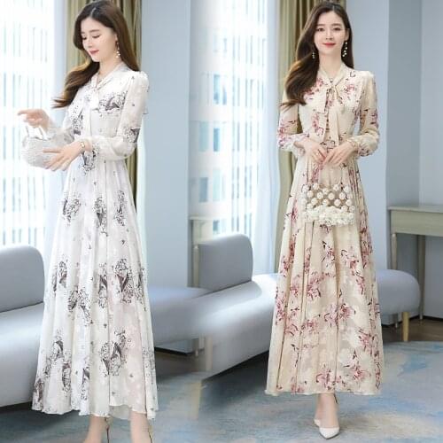 Black Printed Maxi Dress In Summer And Autumn Of 2021, New Flower Long-Sleeved Chiffon Dress Vestibule High Quality Plus Size4XL