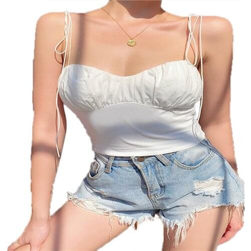 Summer Womens Sexy V Neck Sleeveless Camisole White Strappy Ruched Crop Tank Tops Solid Color Sling Crop Tops