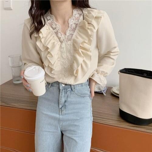 Autumn new style Korean lace v-neck long-sleeved shirt women