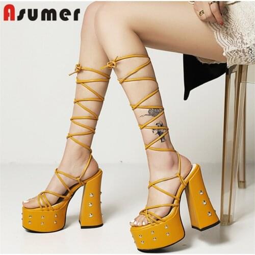 Asumer 2021 Newest High Heels Platform Shoes Women Sandals Cross Tied Rivet Sexy Party Nightclub Shoes Ladies Gladiator Sandals