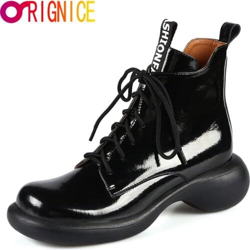 Orignice Women Ankle Boots Patent Leather Platform Round Toe Black Designer Brand Luxury Lace Up Chunky Heels Waterproof Shoes