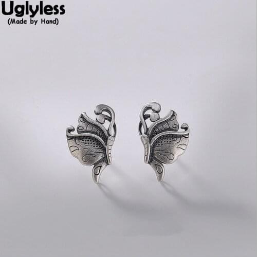 Uglyless Vintage Ethnic Thai Silver Butterfly Studs for Women 100% Real Solid 925 Sterling Silver Fine Jewelry Insect Earrings