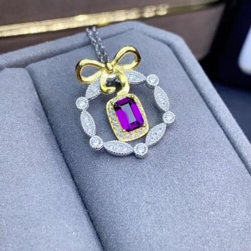 Natural amethyst Pendant natural purple crystal pendant S925 sliver luxurious bow square geometry Women girl party gift jewelry