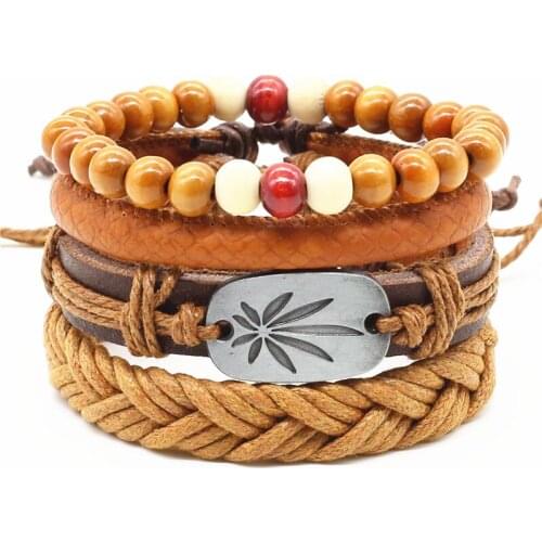 Weed Leaf Charm Multilayer Bead Women Vintage Combination Handmade Woven Punk Leather Bracelet Men Jewelry Wholesale Accessories
