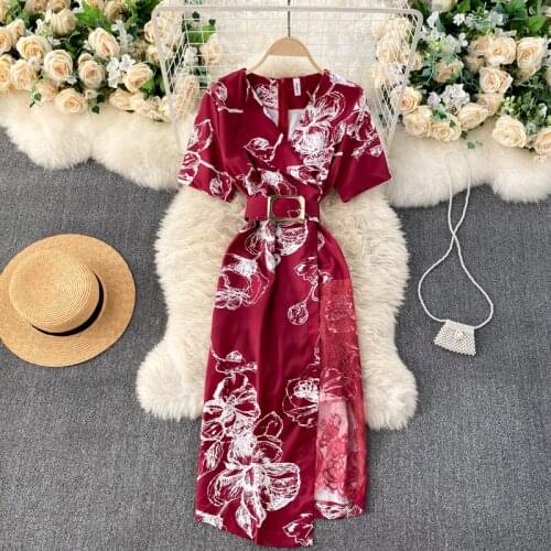 SINGREINY Retro Print Irregular Dress Women V Neck Short Sleeve Sashes Slim Dresses Summer Chic Splice Lace Split Midi Dress