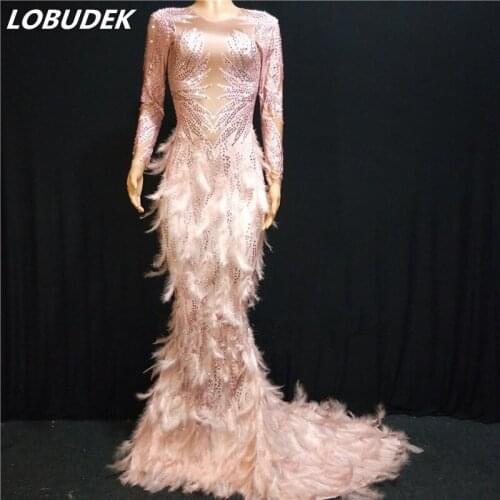 Pink Rhinestones Feathers Trailing Dress Women Birthday Party Models Catwalk Mermaid Dress Evening Performance Singer Long Dress