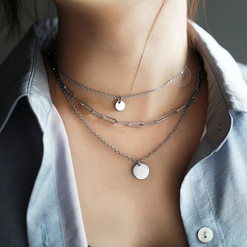 Name Engraving Necklace For Women Stainless Steel Multi Layered Choker Silver Color Rolo Box Link Chain Coin Charm LDN268