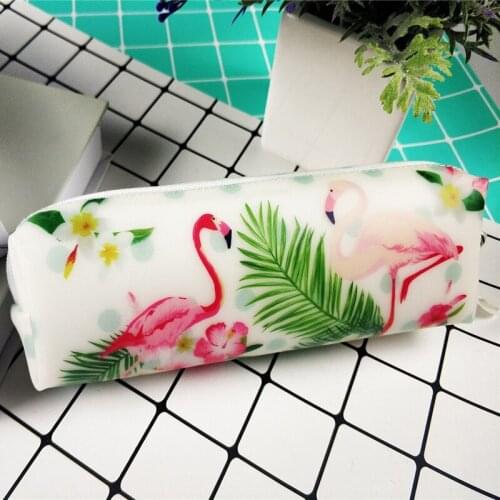 1pcs kawaii Pencil Case transparent Jelly bag Cute pink Flamingo pattern School Supplies Pencil Box Gift Stationery Student