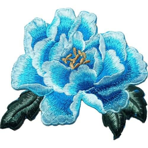 14CM Sky Blue Peony Flower Sew Iron On Patches Embroidered Badges For Dress Clothes DIY Wedding Appliques Decoration