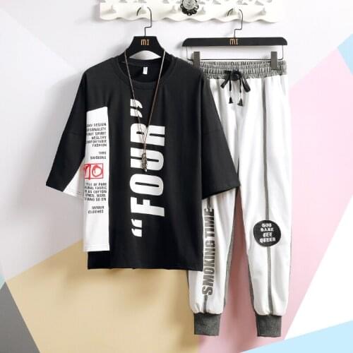 Mens Short Sleeve Sportwear Suit Fashion Solid Half Sleeved Male Clothing T-shirt +Pants Men Sportswear 2 Pcs