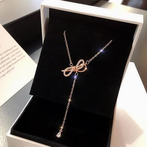 2020 Fashion Jewelry New Simple Womens Neck Chain Gold Long Tassel Crystal Bowknot Pendant Choker Necklaces For Girls Gift