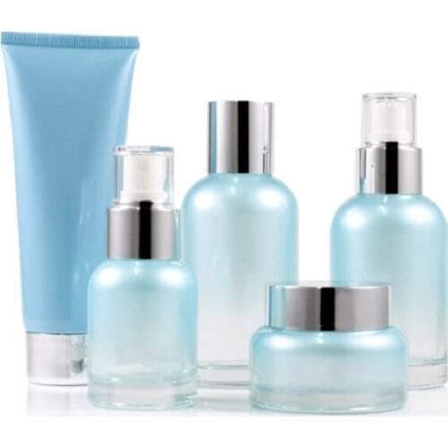 40/100/120ml Glass Mist Spray Bottle Transparent Blue Cosmetic Container 50g Face Cream Jar Refillable Lotion Pump Bottle 10pcs