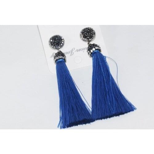 Free Shipping Fashion Jewelry Blue Long Handmade Silk Tassel Earrings 2018 women Rhinestone paved Tassel Dangle Earring for girl