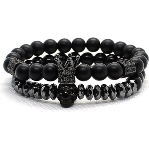 Skull Bracelet Men Accessories Matte Stone Beads Erkek Bileklik Set Crown Jewelry Mens Bracelets For Women Pulseras Mujer