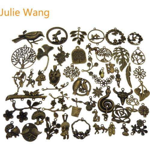 Julie Wang 10PCS Randomly Mix Birds Animal Leaf Flower Charms Antique Colors Necklace Bracelet Jewelry Making Accessory