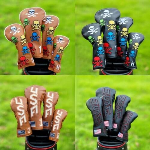 USA skull Golf Club #1 #3 #5 Wood Headcovers Driver Fairway Woods cover PU Leather Head Covers Set Protector Golf Accessories