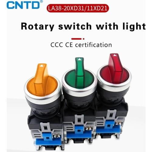 CNTD LA38 LED Selector Push Button Rotary Switch 2 3 position light self lock 1NONC Illuminated Silver contact 22mm LA38-11XD/21