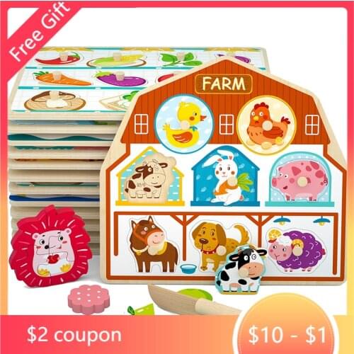 3D Puzzles Cartoon Animals Montessori Wooden Puzzles Hand Grab Boards Tangram Jigsaw Educational Toy For Baby Children Kids Gift