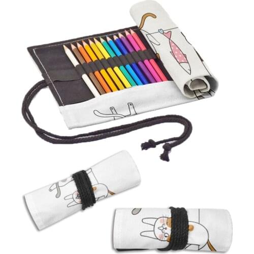 Cute Cat Printed Roll Pencil Case For Student 12/24/36/48/72 Holes Girls Canvas Pen Bag School Stationery Art Drawing Pencil Bag