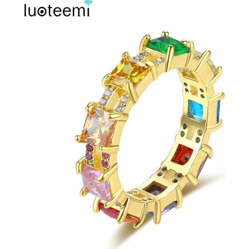 LUOTEEMI Colorful Rainbow Cubic Zircon Women Finger Rings Multiple Colors Trapezoid Ring New Fashion Eternity Bands