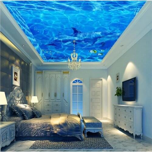 Beautiful scenery wallpapers 3d ceiling murals wallpaper Blue water pattern ocean dolphin ceiling mural