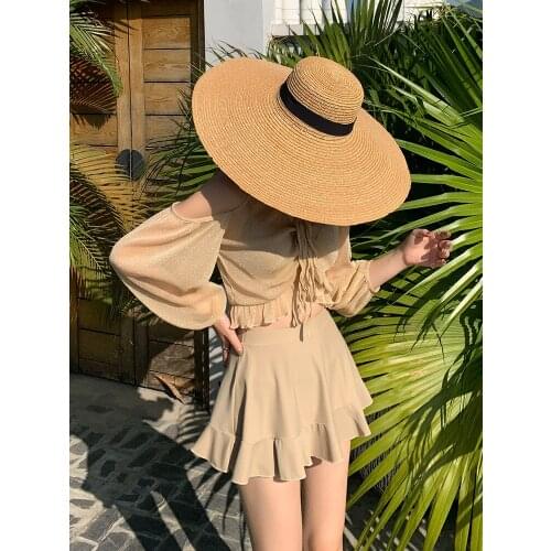 Tankini Swimsuit Female Swimwear Separate Two Pieces Bathing Suit Swim Sweet Women Piece Sexy Three Bikini Set Champagne Color