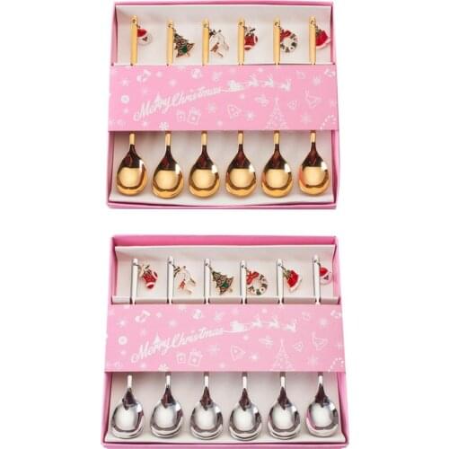 6PCS Stainless Steel Teaspoon Christmas Spoon Set New Year 2021 Table Ornaments Coffee Spoon For Home Navidad Noel Gift Box Set