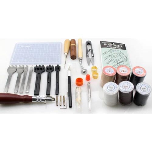 Leather Craft Sewing Tools and Hole Punch Set Cutting Mat Awl Needle Wax Thread Grooving Carving Knife, Leathercraft DIY Kit