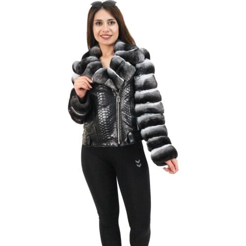 New Fashion real Fur Full Sleeve Chinchilla Color High Quality 100% Genuine python leather