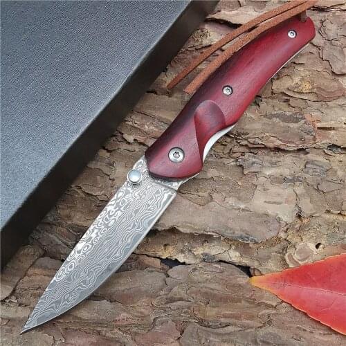 Outdoor Tactical Camping Hunting Survival Pocket Quick Folding Knife Hunt Knife Damascus Blade Wood Handle Knives Multi EDC Tool