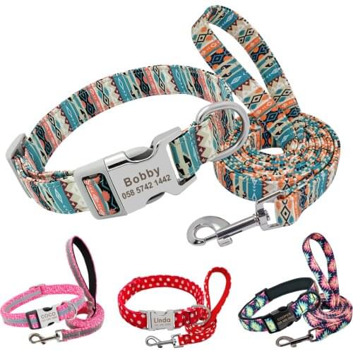 Personalized Dog Collar and Leash Set Reflective Nylon Pet Collars Lead Leash Engraved ID Tag for Small Large Dogs Pitbull