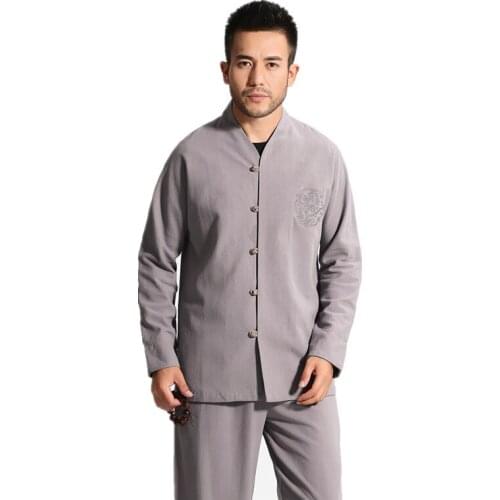 Gray Chinese Men Cotton Linen Jacket Traditional Kung Fu Coat Vintage Button Tang Suit SIze S M L XL XXL XXXL