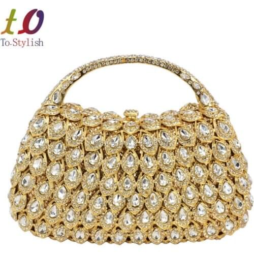 Stylish Golden with Metal handle Luxury Crystal Evening Bag Hollow out Diamond Silver Evening Clutch Party Prom Handbag 88204