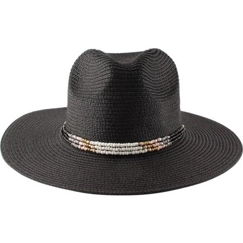 Stylish beaded flat down jazz top hat for men and women spring/summer beach sun sunshade straw hat