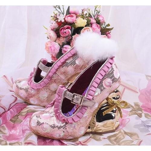 Novelty women shoes gold rabbit strange style high heels pumps shoes bling bling fashion party shoes shallow ruffles pumps pink
