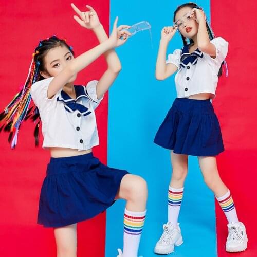 2021 Childrens Day Girls JK Uniform Jazz Costume Short Sleeved Tops Skirt Modern Dance Outfits Cheerlead Show Clothing DNV14680