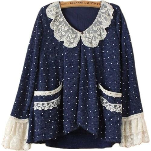 Vintage Retro Polka Dot Bohemian Hippie Boho Japanese Cardigan Line Lace Patchwork Pocket Lolita Women Autumn Fall Jacket Coat