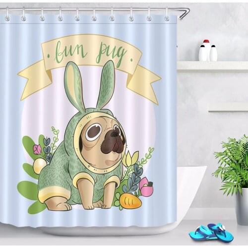 Rabbit Clothes Pug Shower Curtain Cartoon Animal Bathroom Waterproof Washable Polyester Fabric for Kids Bathtub Decor 12 Hooks