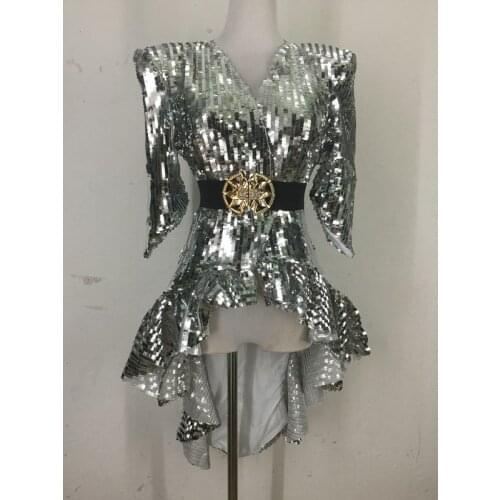 Female high density sequins performance clothes star same paragraph dress nightclub bar show sexy costume silver gold tail skirt