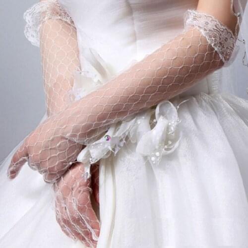 Womens White Stretchy Elbow Length Bridal Wedding Long Gloves Full Finger Rhombic Mesh Floral Lace Trim See Through Prom