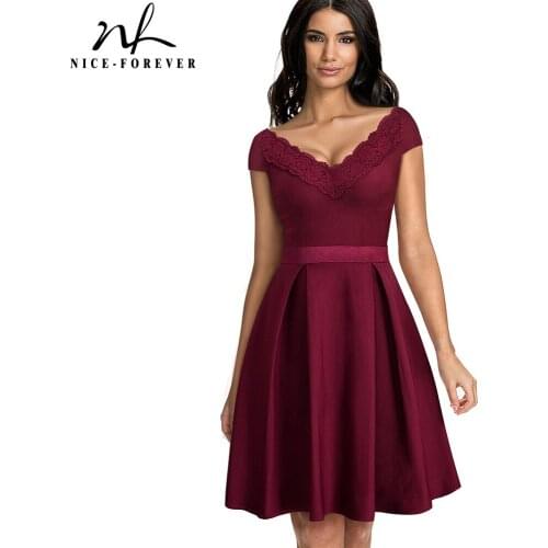 Nice-forever Sexy V-necking with Embroidery Lace Patchwork Dresses Cocktail Party Flared Women Dress btyA077