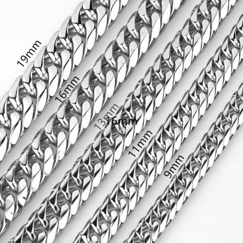 11mm/13mm/16mm/19mm/21mm Men Chain Silver Color Stainless Steel Cuban Chain Necklace for Men Curb Cuban Link Hip Hop Jewelry