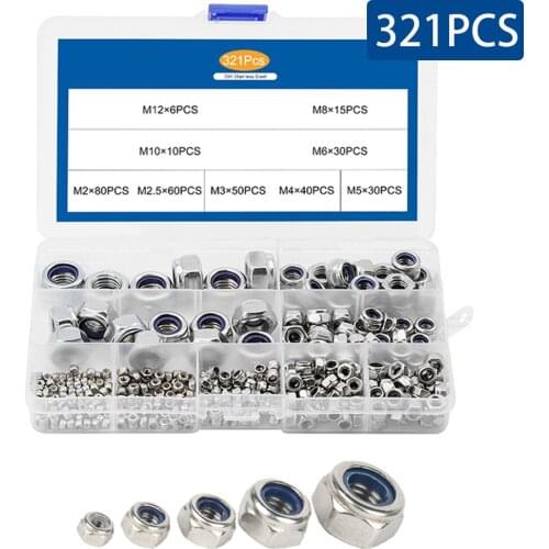 321PCS/Box Nylon Lock Nuts 304 Stainless Steel M2 M2.5 M3 M4 M5 M6 M8 M10 M12 Hex Hexagon Self Locking Nut Assortment Kit